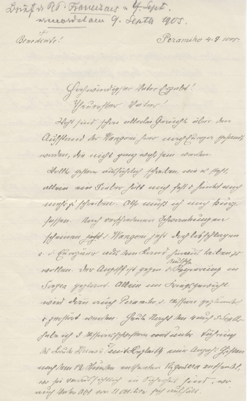 Letzter Brief von P. Franziskus Leuthner OSB am 4./5. September aus Peramiho/Deutsch-Ostafrika (Quelle: Archiv Beuron)